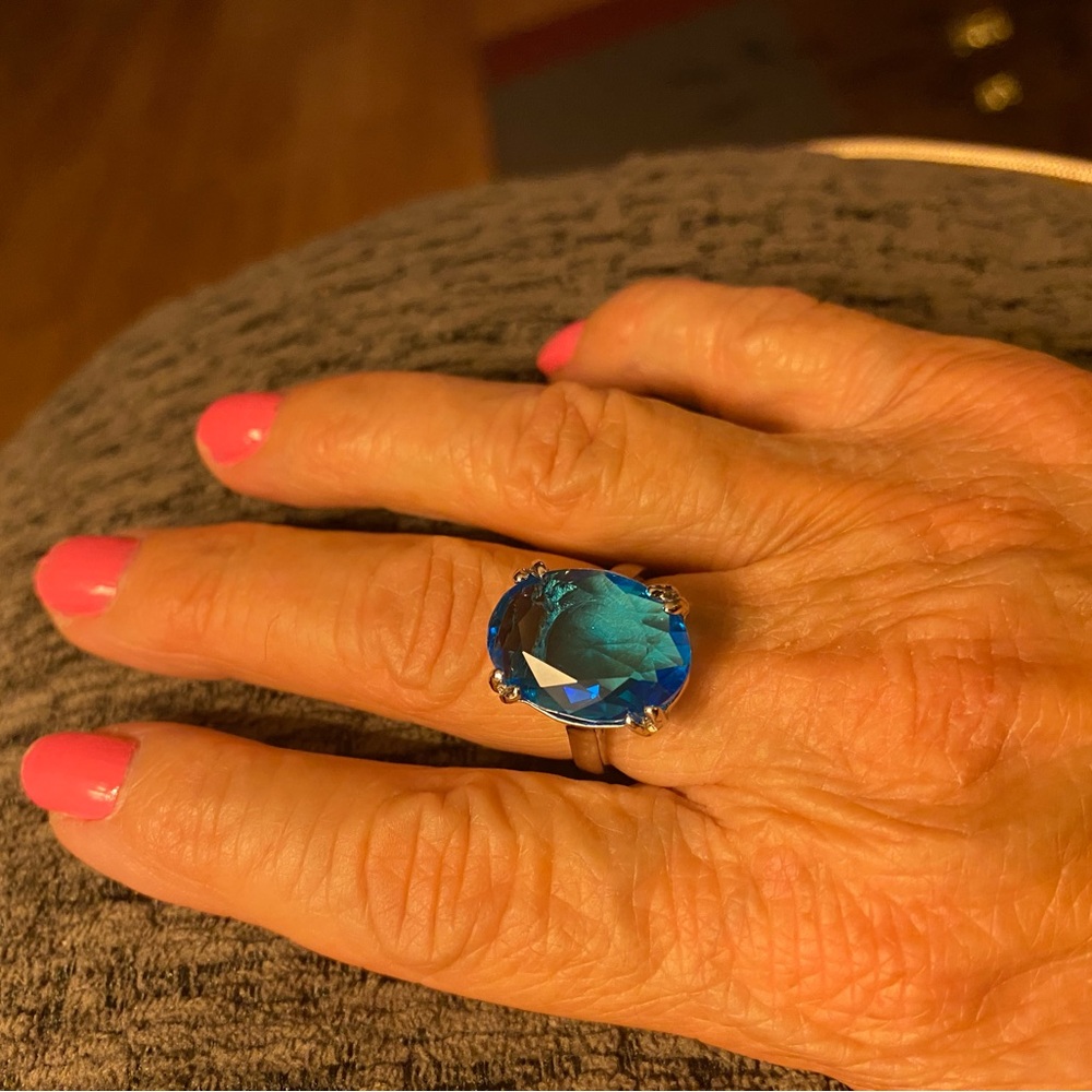 Blue Oval Synthetic Cubic Zirconia Silver Plated Cocktail Ring